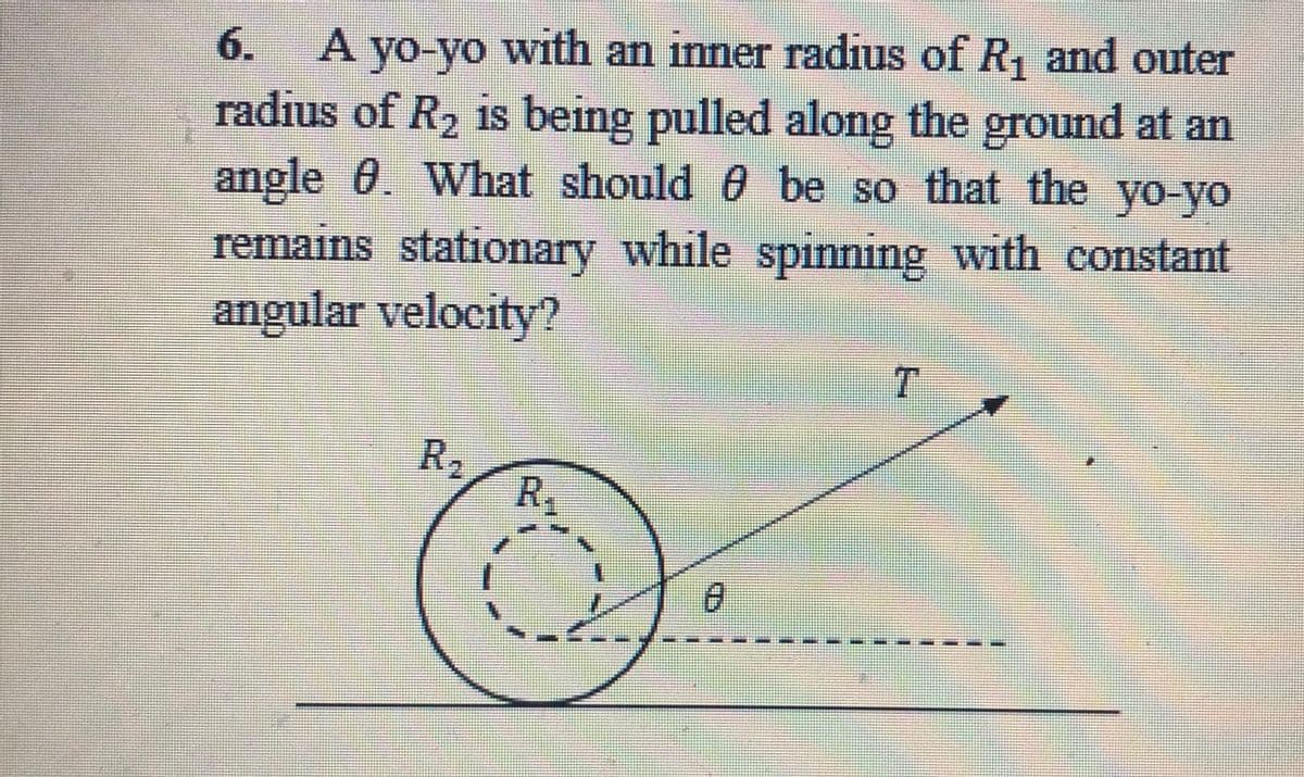 A yo-yo with an inner radius of R, and outer
radius of R2 is being pulled along the ground at an
angle 0. What should 0 be so that the yo-yo
6.
remains stationary while spinning with constant
angular velocity?
R2
R.

