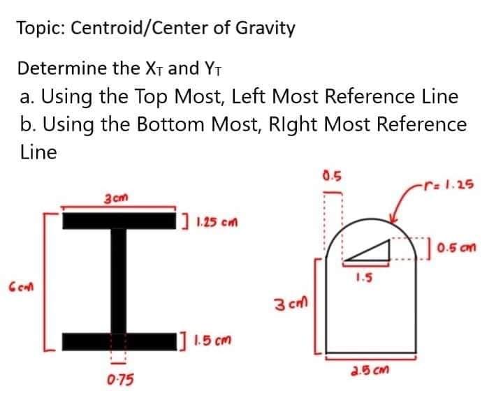 Topic: Centroid/Center of Gravity
Determine the XT and YT
a. Using the Top Most, Left Most Reference Line
b. Using the Bottom Most, Rlght Most Reference
Line
0.5
r= 1.25
3 cm
] 1.25 cm
|
0.5 on
1.5
3 cm
1.5 cm
a.5 cM
0-75
