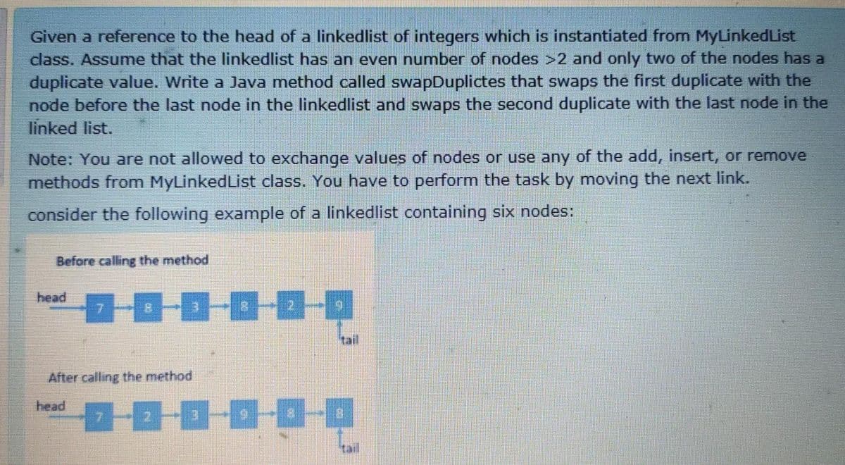 Given a reference to the head of a linkedlist of integers which is instantiated from MyLinkedList
class. Assume that the linkedlist has an even number of nodes >2 and only two of the nodes has a
duplicate value. Write a Java method called swapDuplictes that swaps the first duplicate with the
node before the last node in the linkedlist and swaps the second duplicate with the last node in the
linked list.
Note: You are not allowed to exchange values of nodes or use any of the add, insert, or remove
methods from MyLinkedList class. You have to perform the task by moving the next link.
consider the following example of a linkedlist containing six nodes:
Before calling the method
head
tail
After calling the method
head
tail
