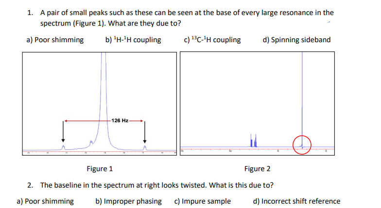 1. A pair of small peaks such as these can be seen at the base of every large resonance in the
spectrum (Figure 1). What are they due to?
a) Poor shimming
b) 'H-'H coupling
c) 1ºC-'H coupling
d) Spinning sideband
-126 Hz-
Figure 1
Figure 2
2. The baseline in the spectrum at right looks twisted. What is this due to?
a) Poor shimming
b) Improper phasing
c) Impure sample
d) Incorrect shift reference
