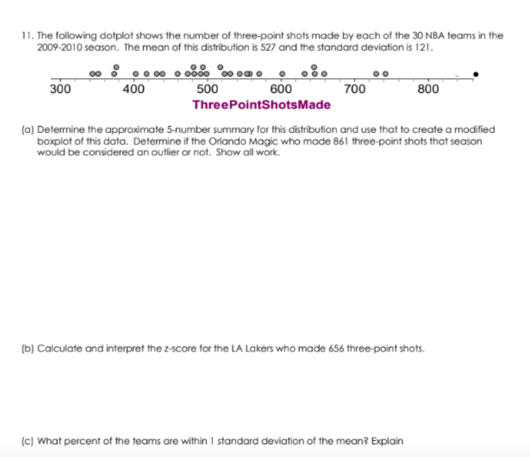 11. The following dotplot shows the number of three-point shots made by each of the 30 NBA teams in the
2009-2010 season. The mean of this distribution is 527 and the standard deviation is 121.
300
0 o 00
400
0000 00 0@
500
600
800
700
ThreePointShotsMade
(a) Determine the approximate 5-number summary for this distribution and use that to create a modified
boxplot of this data. Determine if the Orlando Magic who made 861 three-point shots that season
would be considered an outlier or not. Show all work.
(b) Calculate and interpret the z-score for the LA Lakers who made 656 three-point shots.
(c) What percent of the teams are within 1 standard deviation of the mean? Explain
