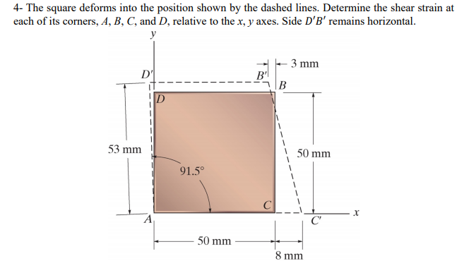 4- The square deforms into the position shown by the dashed lines. Determine the shear strain at
each of its corners, A, B, C, and D, relative to the x, y axes. Side D'B' remains horizontal.
3 mm
D'
B'l
|B
53 mm
50 mm
91.5°
х
C'
50 mm
8 mm
