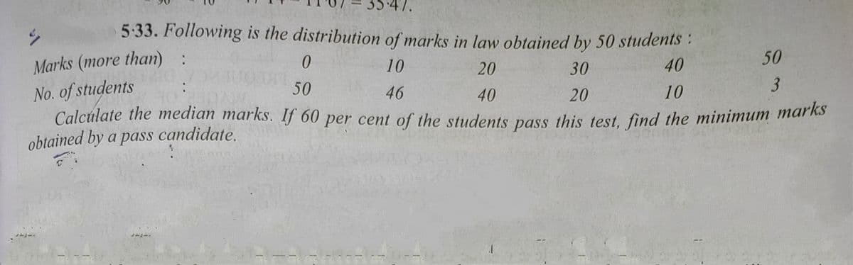 35:47.
5:33. Following is the distribution of marks in law obtained by 50 students:
50
Marks (more than) :
10
20
30
40
No. of students
Calcúlate the median marks. If 60 per cent of the students pass this test. find the minimum marks
obtained by a pass candidate.
50
46
40
20
10
