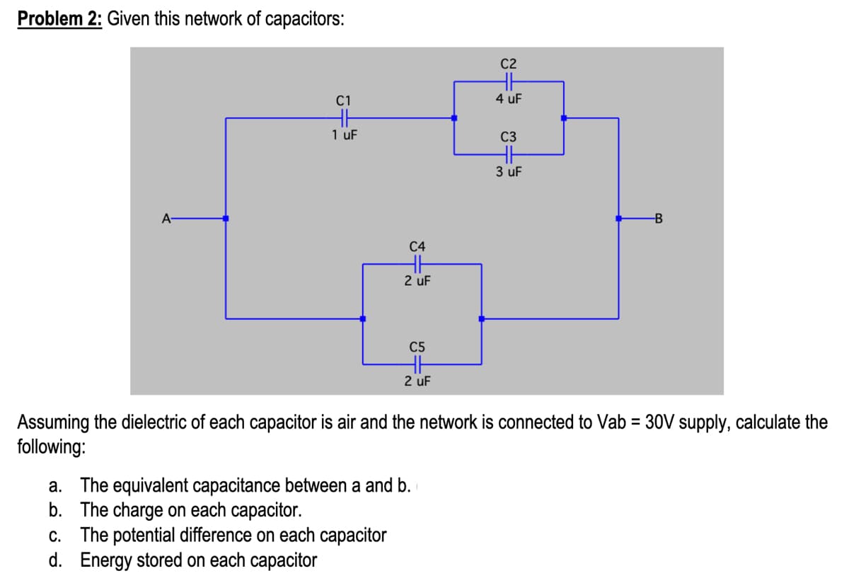 Problem 2: Given this network of capacitors:
C2
C1
4 uF
1 uF
C3
HH
3 uF
A-
-B
С4
2 uF
C5
2 uF
Assuming the dielectric of each capacitor is air and the network is connected to Vab = 30V supply, calculate the
following:
a. The equivalent capacitance between a and b.
b. The charge on each capacitor.
c. The potential difference on each capacitor
d. Energy stored on each capacitor
