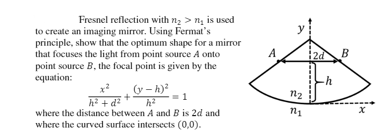 Fresnel reflection with n2 > n is used
y
to create an imaging mirror. Using Fermat's
principle, show that the optimum shape for a mirror
that focuses the light from point source A onto
point source B, the focal point is given by the
equation:
A
12d
В
-h
(y – h)?
= 1
x?
n2
h? + d?
h2
where the distance between A and B is 2d and
N1
where the curved surface intersects (0,0).
