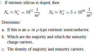 :If intrinsic silicon is doped, then
N, × N = 10'7
m3
Na N = 5 x 1o18
Determine:
a. If this is an - or p-type extrinsic semiconductor.
b. Which are the majority and which the minority
charge carriers.
c. The density of majority and minority carriers.
