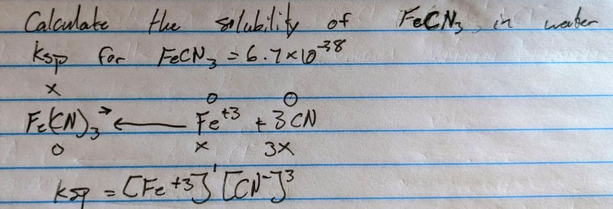 Calculate the solubility of
Ksp for FeCN ₂ = 6.7×10 38
x
Fe(N) = ² =
O
0
O
- Fe²³ + 3 CN
3x
3
ksp
k₁ = [Fe +3] [CN-J³
FeCN₂ in water