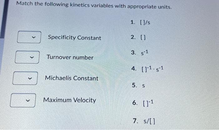 Match the following kinetics variables with appropriate units.
Specificity Constant
Turnover number
Michaelis Constant
Maximum Velocity
1. []/s
2. []
3. s-1
4. [1-1.s-1
5. S
6. [1-1
7. s/[]