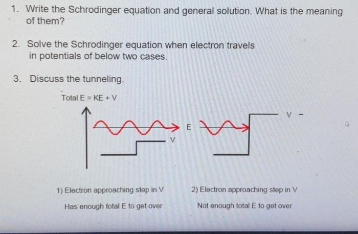 1. Write the Schrodinger equation and general solution. What is the meaning
of them?
2. Solve the Schrodinger equation when electron travels
in potentials of below two cases.
3. Discuss the tunneling.
Total E = KE+V
po
1) Electron approaching step in V
Has enough total E to get over
E
и
wy
2) Electron approaching step in V
Not enough total E to get over