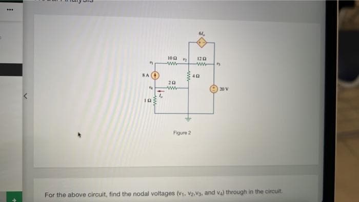 www
SA
19
||
L
100
ww
20
www
P2
Figure 2
61,
120
www
40
20 V
For the above circuit, find the nodal voltages (V1, V2,V3, and va) through in the circuit.