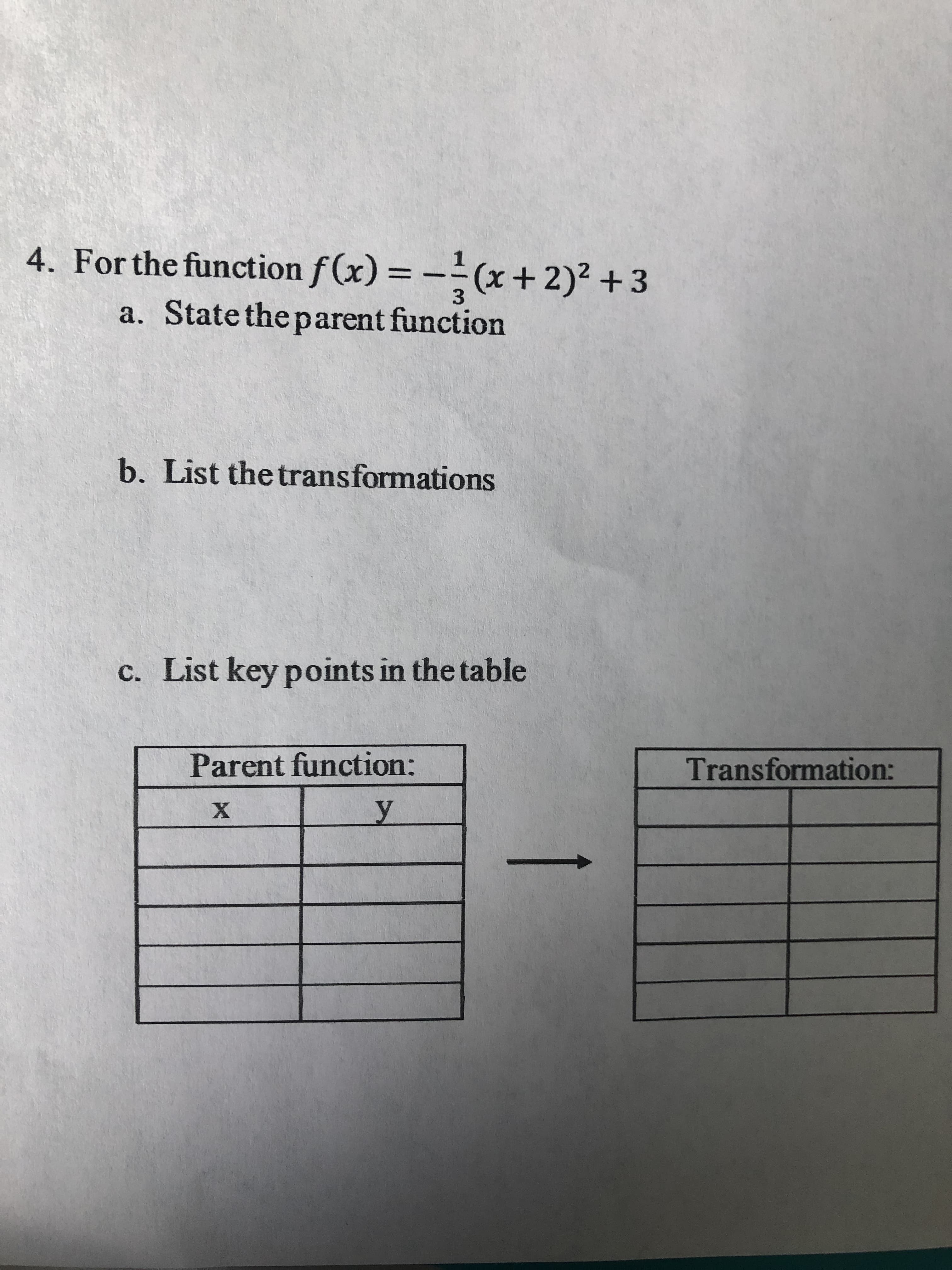 4. For the function f(x) =
-(x+2)? +3
3.
a. State the parent function
b. List the transformations
c. List key points in the table
Parent function:
Transformation:
y.
