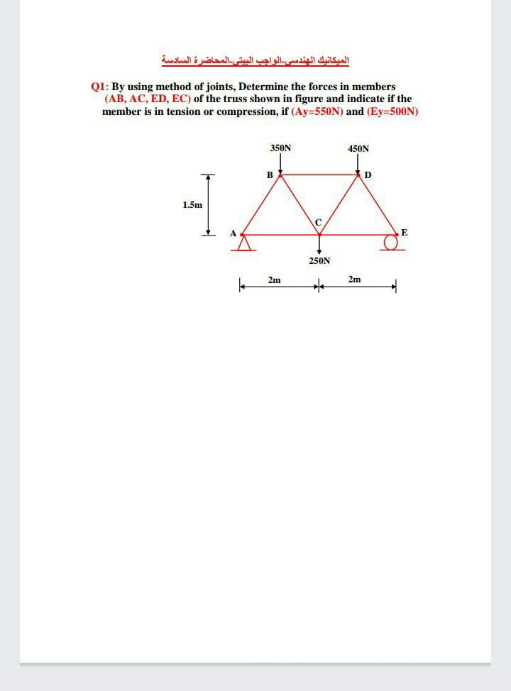 الميكانيك الهندسي الواجب البيتي المحاضرة السادسة
Q1: By using method of joints, Determine the forces in members
(AB, AC, ED, EC) of the truss shown in figure and indicate if the
member is in tension or compression, if (Ay=550N) and (Ey=500N)
350N
450N
B
D
1.5m
E
250N
2m
2m
