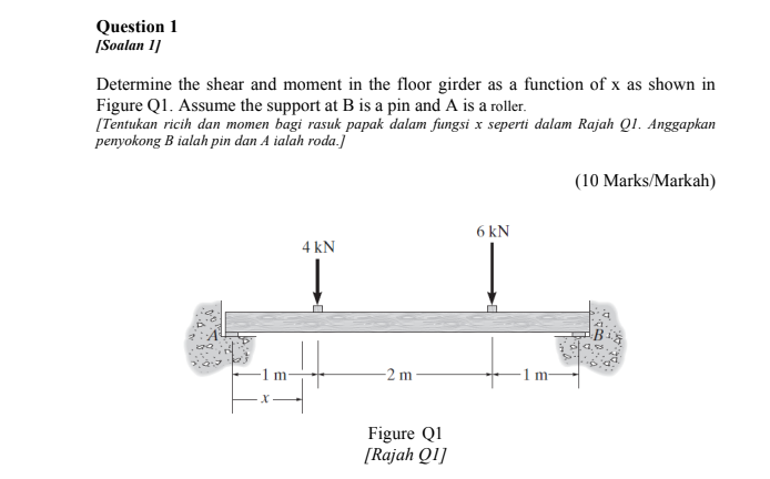 Question 1
[Soalan 1]
Determine the shear and moment in the floor girder as a function of x as shown in
Figure Q1. Assume the support at B is a pin and A is a roller.
[Tentukan ricih dan momen bagi rasuk papak dalam fungsi x seperti dalam Rajah Q1. Anggapkan
penyokong B ialah pin dan A ialah roda.]
(10 Marks/Markah)
6 kN
4 kN
-2 m
Figure QI
[Rajah Q1]

