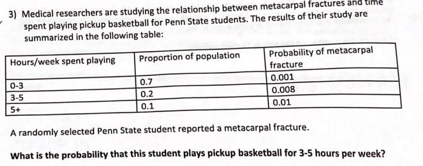 3) Medical researchers are studying the relationship between metacarpal fractures and time
spent playing pickup basketball for Penn State students. The results of their study are
summarized in the following table:
Probability of metacarpal
fracture
Hours/week spent playing
Proportion of population
0-3
0.7
0.001
3-5
0.2
0.008
5+
0.1
0.01
A randomly selected Penn State student reported a metacarpal fracture.
What is the probability that this student plays pickup basketball for 3-5 hours per week?
