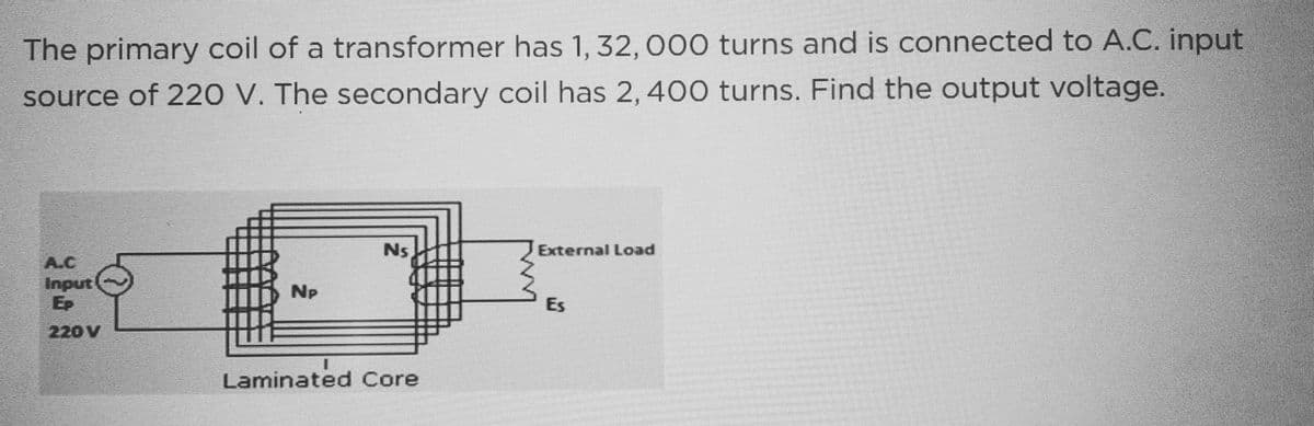 The primary coil of a transformer has 1, 32, 000 turns and is connected to A.C. input
source of 220 V. The secondary coil has 2, 400 turns. Find the output voltage.
Input
Ep
220V
Np
Ns
Laminated Core
External Load