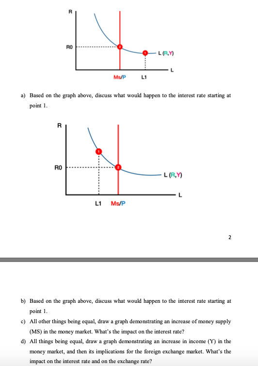 R
RO
- L (R,Y)
Ms/P
L1
a) Based on the graph above, discuss what would happen to the interest rate starting at
point 1.
R
RO
L (R,Y)
L1 Ms/P
2
b) Based on the graph above, discuss what would happen to the interest rate starting at
point 1.
c) All other things being equal, draw a graph demonstrating an increase of money supply
(MS) in the money market. What's the impact on the interest rate?
d) All things being equal, draw a graph demonstrating an increase in income (Y) in the
money market, and then its implications for the foreign exchange market. What's the
impact on the interest rate and on the exchange rate?
