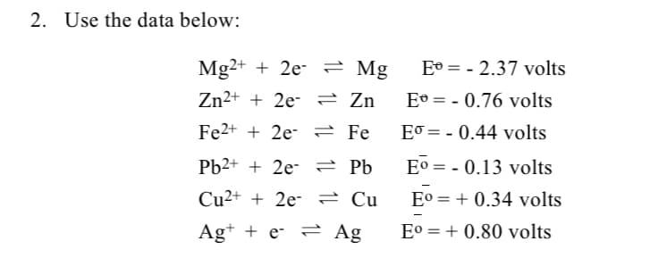 2. Use the data below:
Mg2+ + 2e- = Mg
E° = - 2.37 volts
Zn²+ + 2e- = Zn
Eº = - 0.76 volts
Fe2+ + 2e- 2 Fe
Eo = - 0.44 volts
Pb2+ + 2e- 2 Pb
E° = - 0.13 volts
Cu2+ + 2e- 2 Cụ
E° = + 0.34 volts
%3D
Ag+ + e- = Ag
E° = + 0.80 volts
