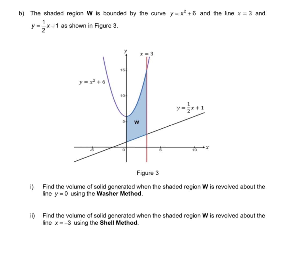 b) The shaded region W is bounded by the curve y = x² + 6 and the line x = 3 and
y =-x +1 as shown in Figure 3.
2
y
x = 3
15
y = x² + 6
10
ソ=*+1
5
w
10
Figure 3
i)
Find the volume of solid generated when the shaded region W is revolved about the
line y = 0 using the Washer Method.
ii) Find the volume of solid generated when the shaded region W is revolved about the
line x = -3 using the Shell Method.
