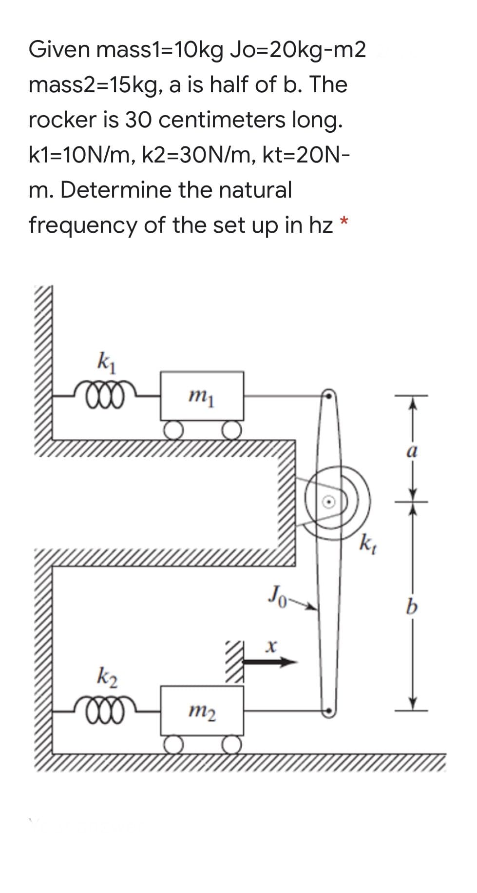 Given mass1=10kg Jo=20kg-m2
mass2=15kg, a is half of b. The
rocker is 30 centimeters long.
k1=10N/m, k2=30N/m, kt=20N-
m. Determine the natural
frequency of the set up in hz
k1
m1
a
Jo
b
k2
m2
