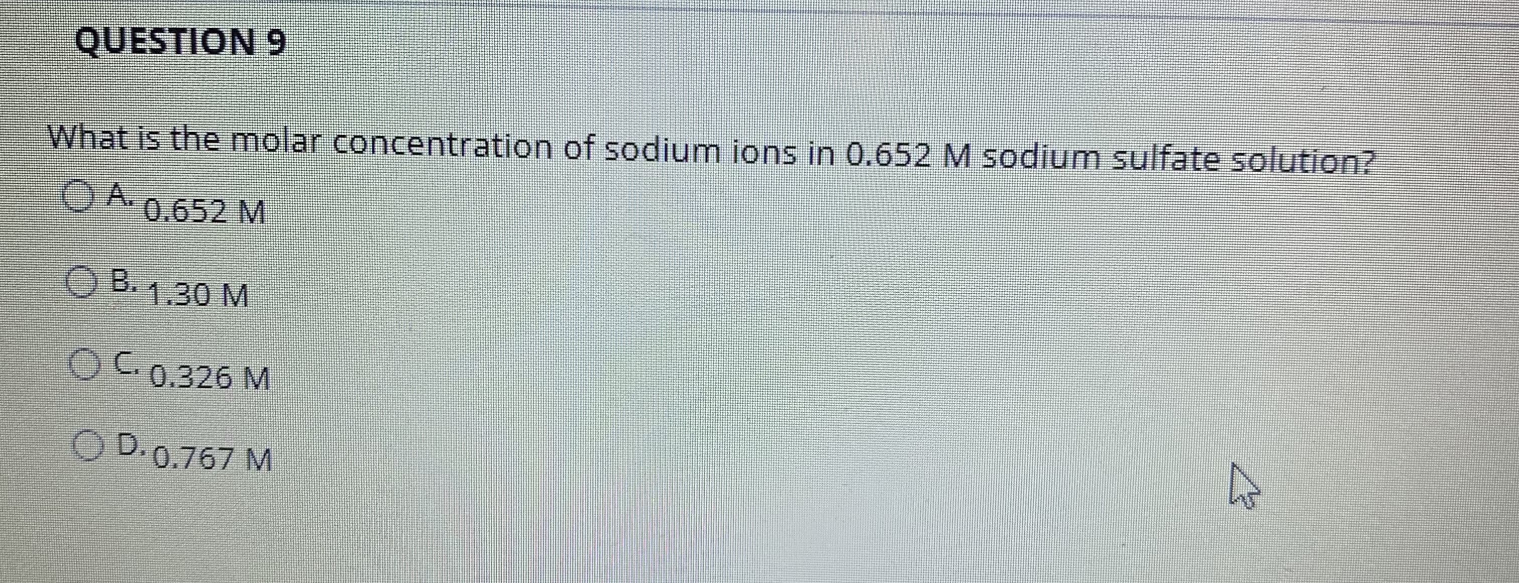 What is the molar concentration of sodium ions in 0.652 M sodium sulfate solution?
