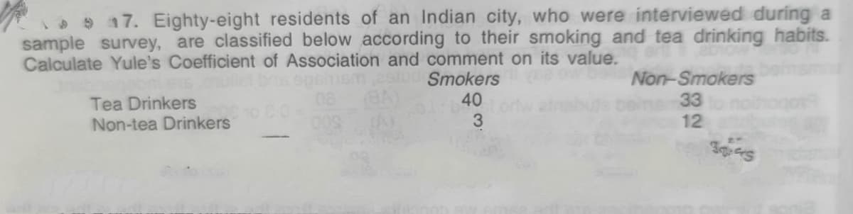 * 9 17. Eighty-eight residents of an Indian city, who were interviewed during a
sample survey, are classified below according to their smoking and tea drinking habits.
Calculate Yule's Coefficient of Association and comment on its value.
Tea Drinkers
Non-tea Drinkers
Smokers
40
Non-Smokers
33
12

