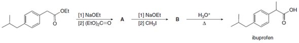 OEt
(1] NaOEt
HO
[1) NaOEt
[2] CH3I
н,о
[2) (EtO),C=o
ibuprofen
B.
