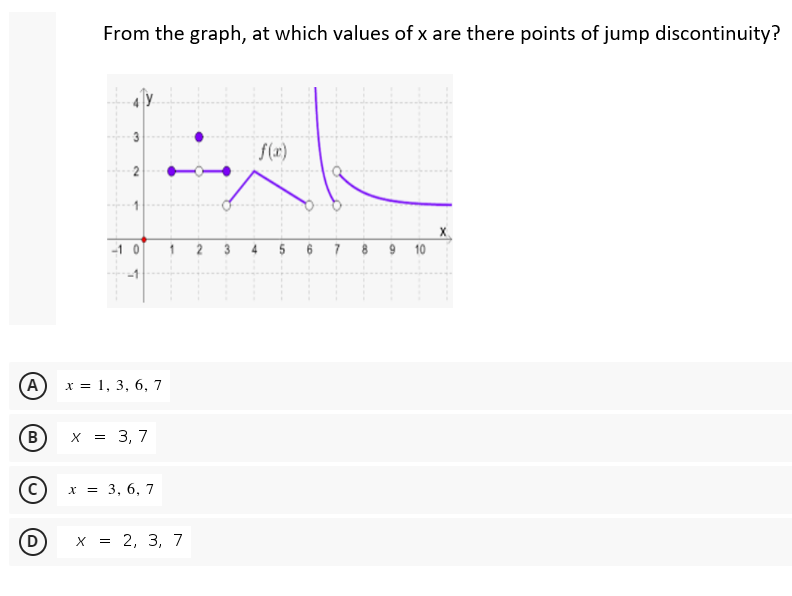 From the graph, at which values of x are there points of jump discontinuity?
f(x)
-10
2 3
7
9 10
(A
х%3D 1, 3, 6, 7
B)
3, 7
х 3D 3, 6, 7
(D
2, 3, 7
