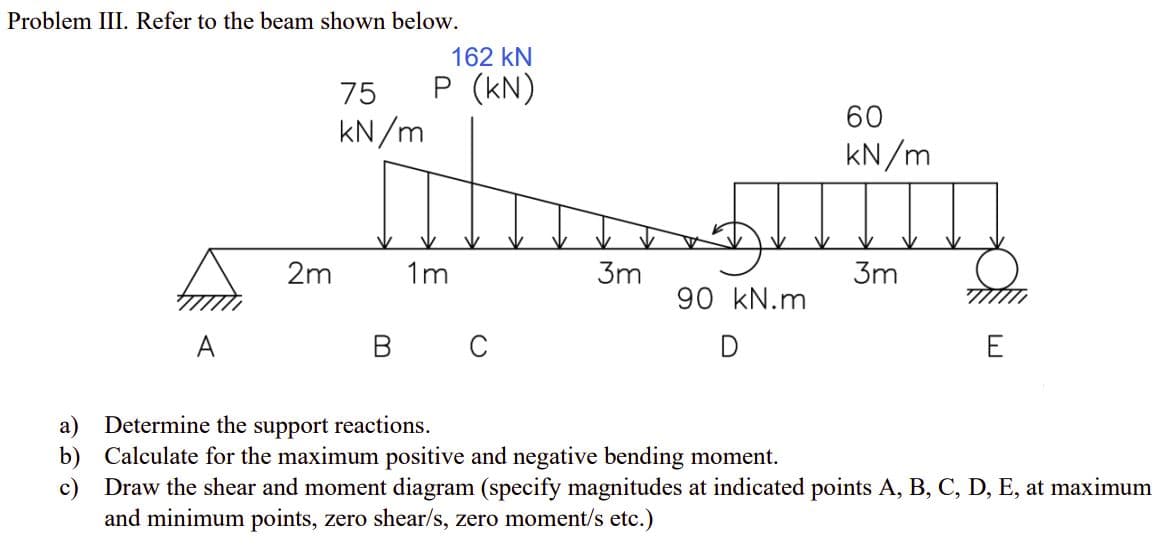 Problem III. Refer to the beam shown below.
162 kN
75
P (kN)
60
kN/m
kN/m
2m
1m
3m
3m
90 kN.m
A
C
D
E
Determine the support reactions.
a)
b) Calculate for the maximum positive and negative bending moment.
c)
Draw the shear and moment diagram (specify magnitudes at indicated points A, B, C, D, E, at maximum
and minimum points, zero shear/s, zero moment/s etc.)
