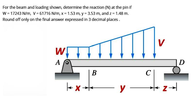 For the beam and loading shown, determine the reaction (N) at the pin if
W = 17243 N/m, V = 61716 N/m, x = 1.53 m, y = 3.53 m, and z = 1.48 m.
Round off only on the final answer expressed in 3 decimal places.
W
A O
B
←x→→
C
V
+24
N
T
D