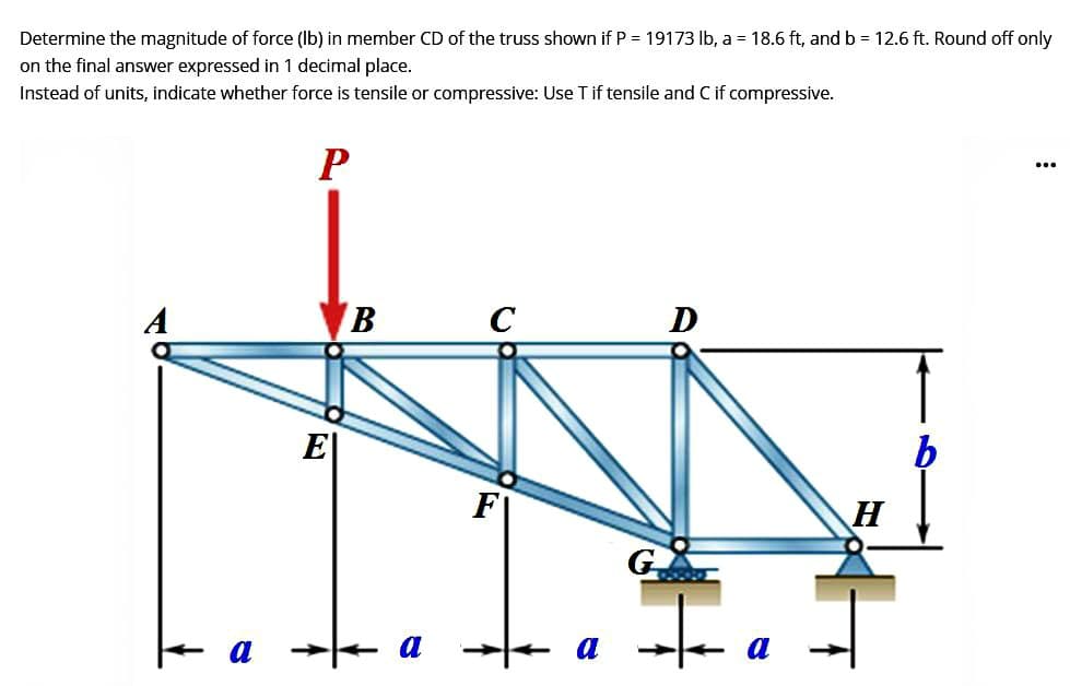 Determine the magnitude of force (lb) in member CD of the truss shown if P = 19173 lb, a = 18.6 ft, and b = 12.6 ft. Round off only
on the final answer expressed in 1 decimal place.
Instead of units, indicate whether force is tensile or compressive: Use T if tensile and C if compressive.
P
B C
a
a
G
D
*
H
...