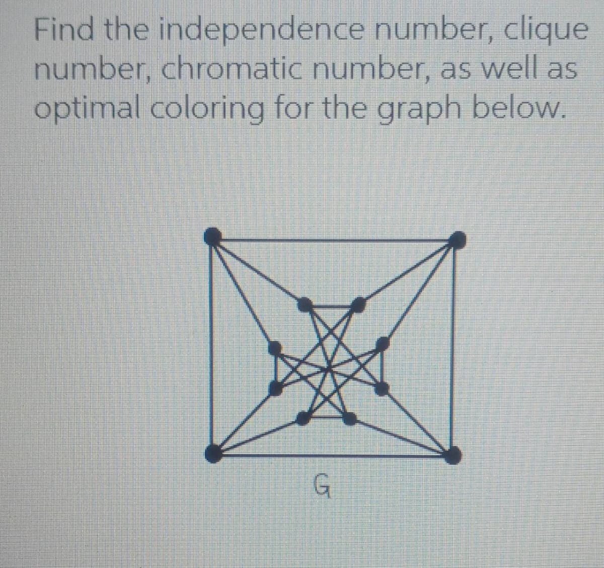 Find the
independence number, clique
number, chromatic number, as well as
optimal coloring for the graph below.
G