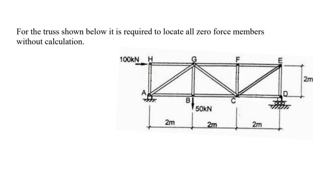 For the truss shown below it is required to locate all zero force members
without calculation.
100KN H
2m
B
50KN
2m
2m
2m
