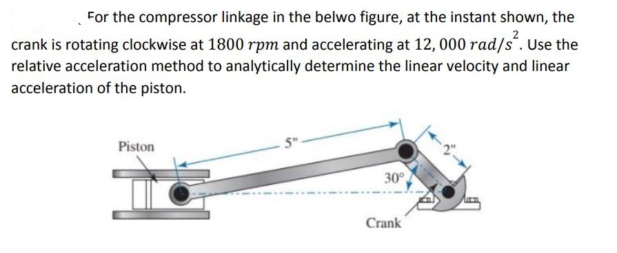 For the compressor linkage in the belwo figure, at the instant shown, the
2
crank is rotating clockwise at 1800 rpm and accelerating at 12, 000 rad/s. Use the
relative acceleration method to analytically determine the linear velocity and linear
acceleration of the piston.
Piston
5" -
30°
Crank
