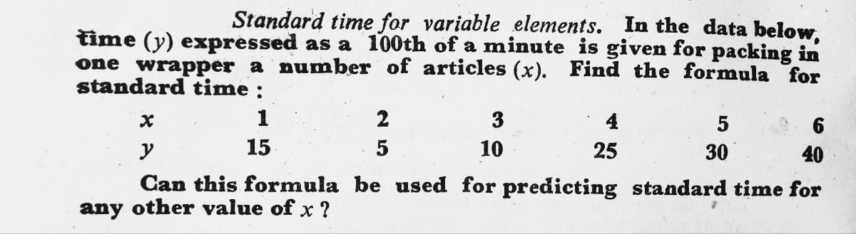 Standard time for variable elements. In the data below,
time (y) expressed as a 100th of a minute is given for packing in
one wrapper a number of articles (x). Find the formula for
standard time :
1
3
4
15
10
25
30
40
Can this formula be used for predicting standard time for
any other value of x ?
