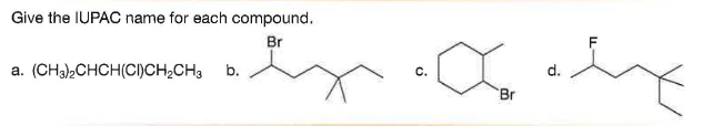 Give the IUPAC name for each compound.
Br
F
а.
(CHa)2CHCH(CI)CH;CH3 b.
С.
d.
Br
