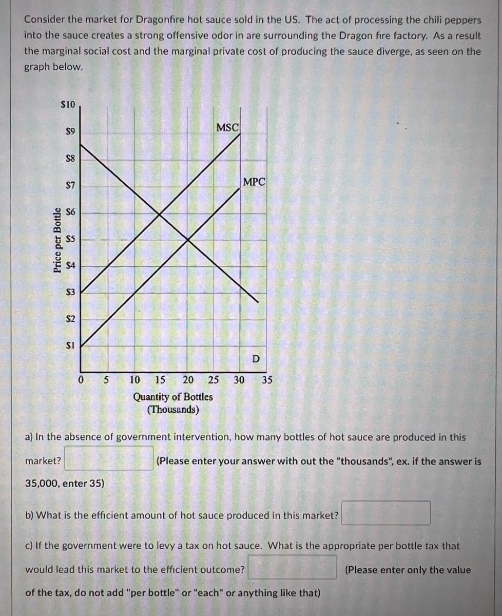 Consider the market for Dragonfire hot sauce sold in the US. The act of processing the chili peppers
into the sauce creates a strong offensive odor in are surrounding the Dragon fire factory. As a result
the marginal social cost and the marginal private cost of producing the sauce diverge, as seen on the
graph below.
$10
$9
MSC
$8
$7
MPC
$6
D
0
5
10 15 20 25 30 35
Quantity of Bottles
(Thousands)
a) In the absence of government intervention, how many bottles of hot sauce are produced in this
market?
(Please enter your answer with out the "thousands", ex. if the answer is
35,000, enter 35)
b) What is the efficient amount of hot sauce produced in this market?
c) If the government were to levy a tax on hot sauce. What is the appropriate per bottle tax that
would lead this market to the efficient outcome?
(Please enter only the value
of the tax, do not add "per bottle" or "each" or anything like that).
Price per Bottle
$
$3
$2
SI