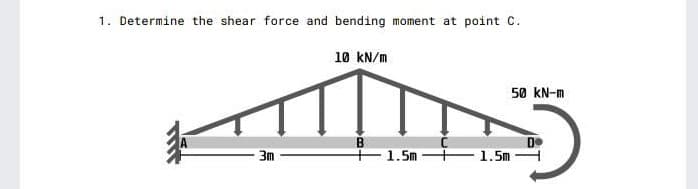 1. Determine the shear force and bending moment at point C.
10 kN/m
50 kN-m
B
+1.5m
3m
1.5m

