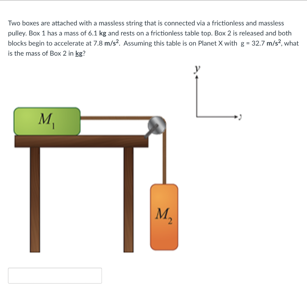 Two boxes are attached with a massless string that is connected via a frictionless and massless
pulley. Box 1 has a mass of 6.1 kg and rests on a frictionless table top. Box 2 is released and both
blocks begin to accelerate at 7.8 m/s². Assuming this table is on Planet X with g = 32.7 m/s², what
is the mass of Box 2 in kg?
M₁
M₂
y
