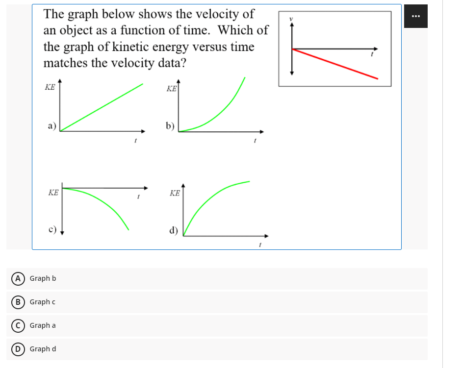 The graph below shows the velocity of
an object as a function of time. Which of
the graph of kinetic energy versus time
matches the velocity data?
KE
KE
a)
b)
KE
KE
d)
(A) Graph b
B Graph c
c) Graph a
D Graph d
