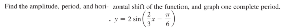 Find the amplitude, period, and hori- zontal shift of the function, and graph one complete period.
. y = 2 sin
-r -
