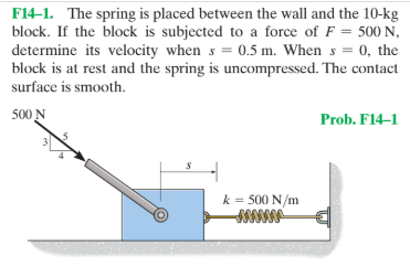 F14-1. The spring is placed between the wall and the 10-kg
block. If the block is subjected to a force of F = 500 N,
determine its velocity when s = 0.5 m. When s = 0, the
block is at rest and the spring is uncompressed. The contact
surface is smooth.
500 N
Prob. F14–1
k = 500 N/m
