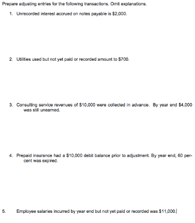 Prepare adjusting entries for the following transactions. Omit explanations.
1. Unrecorded interest accrued on notes payable is $2,000.
2. Utilities used but not yet paid or recorded amount to $700.
3. Consulting service revenues of $10,000 were collected in advance. By year end $4,000
was still unearned.
4. Prepaid insurance had a $10,000 debit balance prior to adjustment. By year end, 60 per-
cent was expired.
5.
Employee salaries incurred by year end but not yet paid or recorded was $11,000.|
