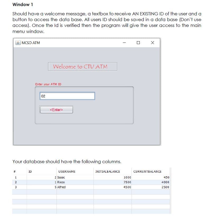 Window 1
Should have a welcome message, a textbox to receive AN EXISTING ID of the user anda
button to access the data base. All users ID should be saved in a data base (Don't use
access). Once the Id is verified then the program will give the user access to the main
menu window.
MCSD ATM
Welcome to CTU ATM
Enter your ATM ID
02
<Enter>
Your database should have the following columns.
ID
USERNAME
INITIALBALANCE
CURRENTBALAN CE
1
2 Isaac
1000
450
1 Ricco
7500
4000
5 Alfred
4500
2500
