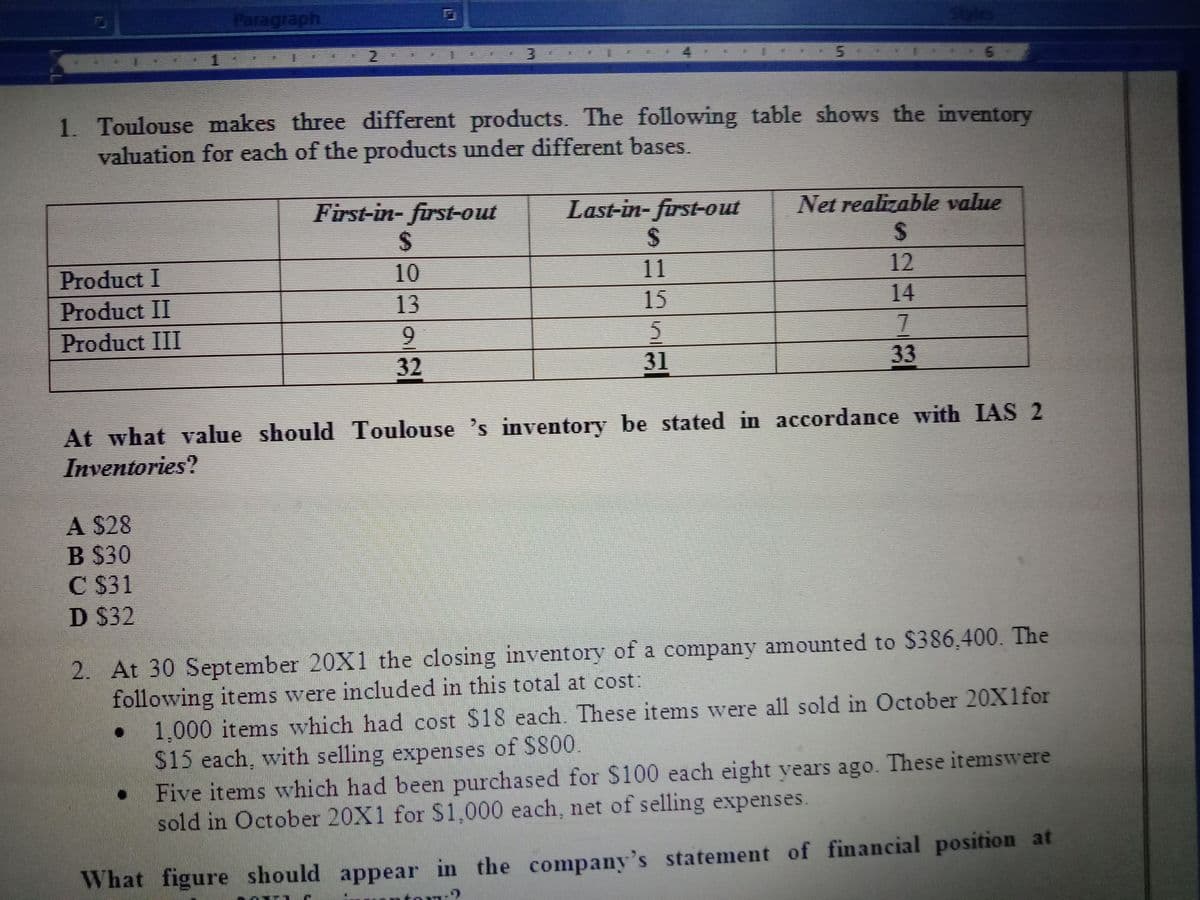 Paragraph
Sty
6.
1. Toulouse makes three different products. The following table shows the inventory
valuation for each of the products under different bases.
First-in- frst-out
Last-in- first-out
Net realizable value
Product I
10
11
12
Product II
13
15
14
Product III
9.
31
33
At what value should Toulouse 's inventory be stated in accordance with IAS 2
Inventories?
A $28
B $30
C $31
D S32
2. At 30 September 20X1 the closing inventory of a company amounted to $386,400. The
following items were included in this total at cost:
1,000 items which had cost $18 each. These items were all sold in October 20X1for
2415 each, with selling expenses of $800.
Five items which had been purchased for $100 each eight vears ago. These itemswere
sold in October 20X1 for $1,000 each, net of selling expenses.
What figure should appear in the company's statement of financial position at
32
