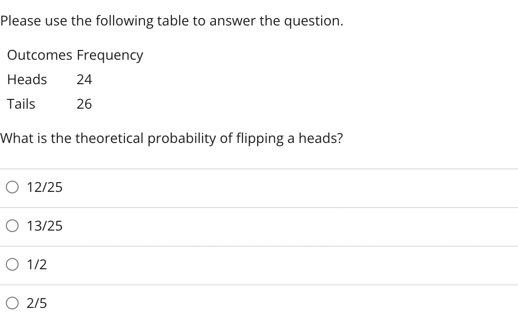 Please use the following table to answer the question.
Outcomes Frequency
Heads 24
Tails
26
What is the theoretical probability of flipping a heads?
12/25
13/25
O 1/2
2/5