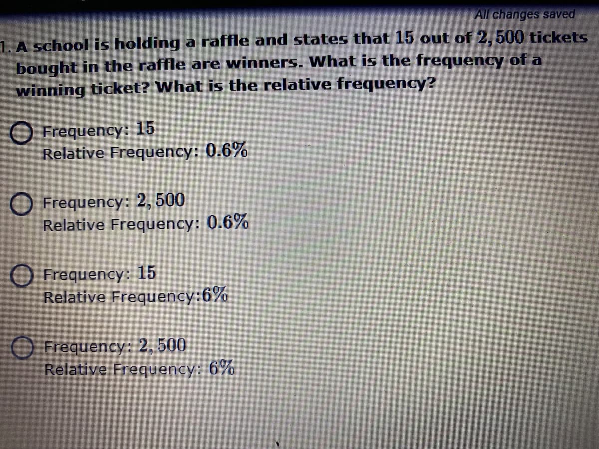 All changes saved
1. A school is holding a raffle and states that 15 out of 2, 500 tickets
bought in the raffle are winners. What is the frequency of a
winning ticket? What is the relative frequency?
Frequency: 15
Relative Frequency: 0.6%
O Frequency: 2, 500
Relative Frequency: 0.6%
O Frequency: 15
Relative Frequency:6%
Frequency: 2, 500
Relative Frequency: 6%
