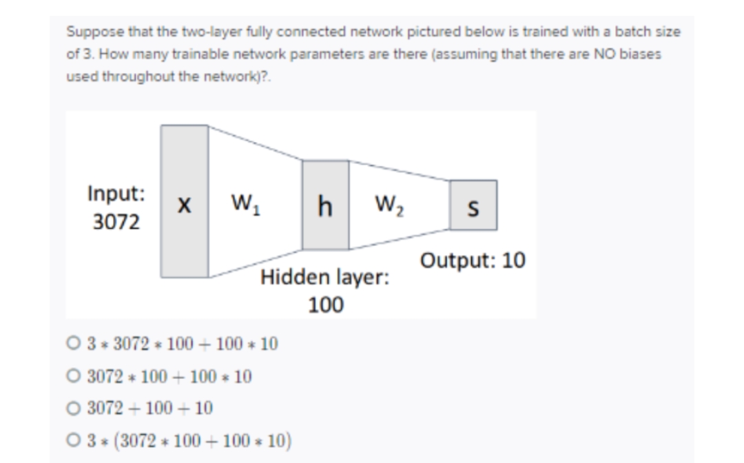 Suppose that the two-layer fully connected network pictured below is trained with a batch size
of 3. How many trainable network parameters are there (assuming that there are NO biases
used throughout the network)?.
Input:
3072
X W₂₁
Hidden layer:
100
3* 3072 100+ 100 * 10
h W₂
O 3072 * 100+ 100 * 10
O 3072 +100+10
O 3* (3072* 100+ 100 * 10)
S
Output: 10