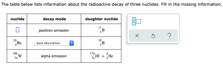 The table below lists information about the radioactive decay of three nuclides. Fill in the missing information.
nuclide
decay mode
daughter nuclide
11
positron emission
10
10
Be
beta absorption
180
176
4
alpha emission
Hf + He
74
72
