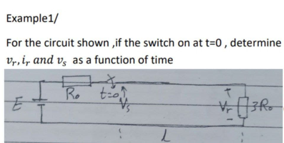 Example1/
For the circuit shown ,if the switch on at t=0 , determine
Vr, ir and vz as a function of time
Ro
