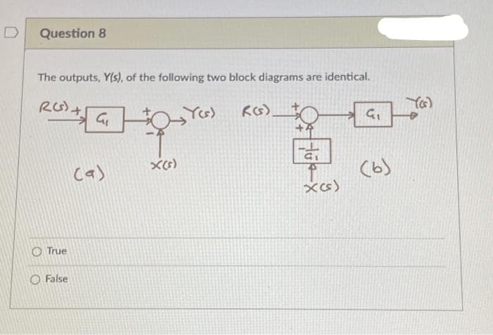 Question 8
The outputs, Y(s), of the following two block diagrams are identical.
R(s)_
True
False
C
(a)
x(s)
Y(s)
K(s).
x(s)
G₁
(6)
Y(s)